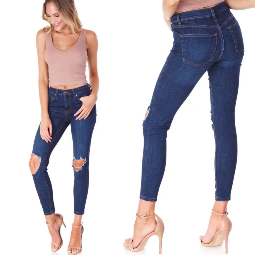 Free People High Rise Busted Knee Skinny Jeans Dark Blue Size 24 Ripped Denim